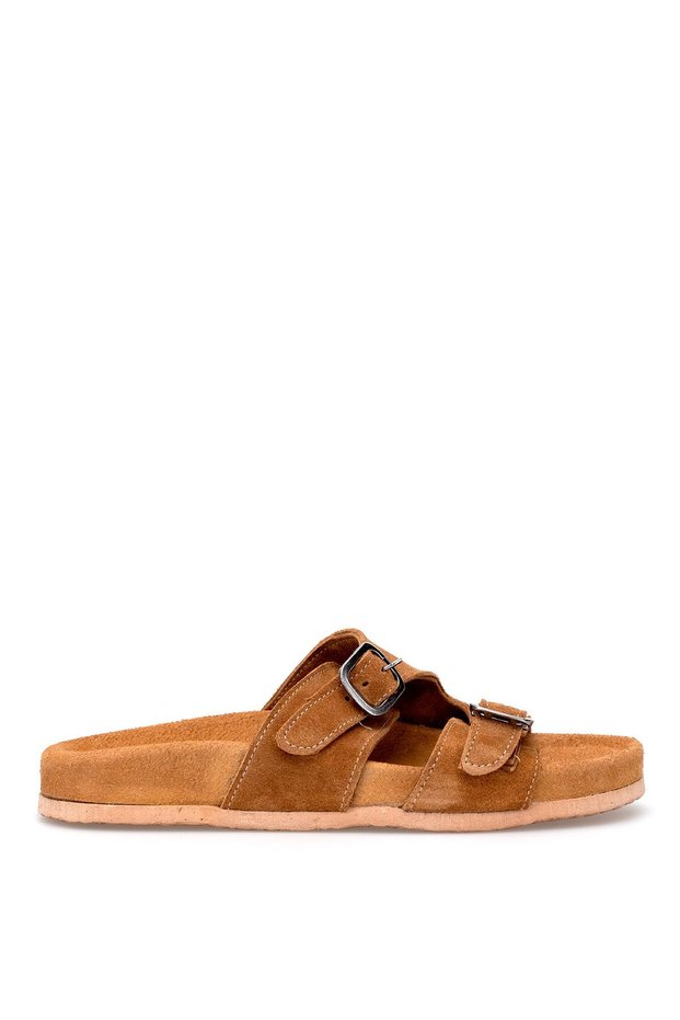 Elit Zeyn 8113 Women's Genuine Leather Flat Slippers Brown