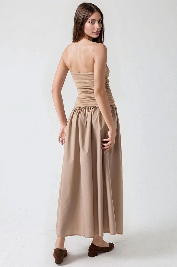 Straplez Drapeli Maxi Elbise - 3