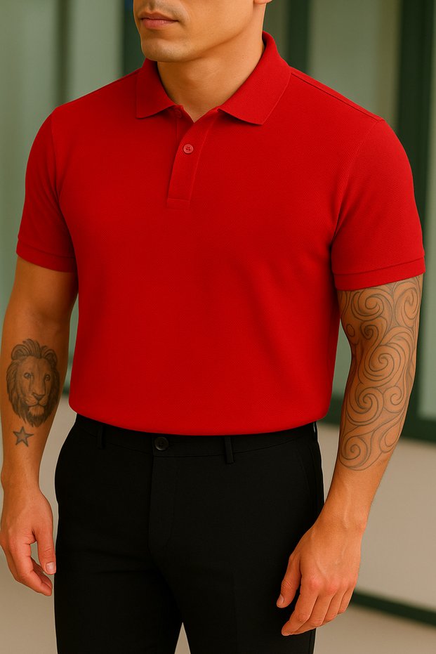 Unisex Red Sports Button Cotton Casual Short Sleeve Regular Fit Polo T-Shirt