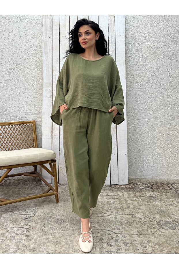 Khaki Green Muslin Trousers Blouse Double Set (Pants-Bluez)