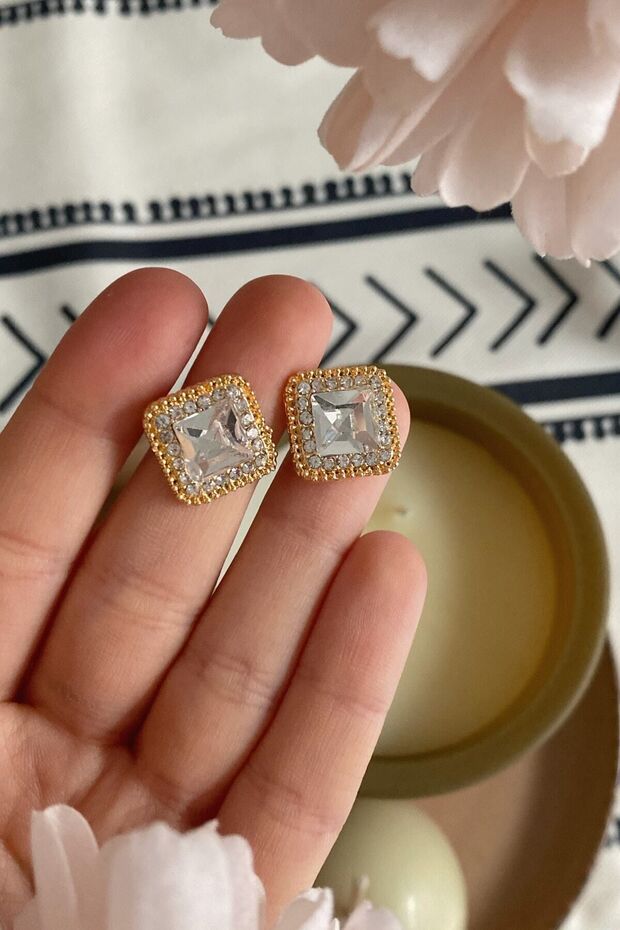 Minimal Square White Stone Gold Color Evening Dress Women's Earrings