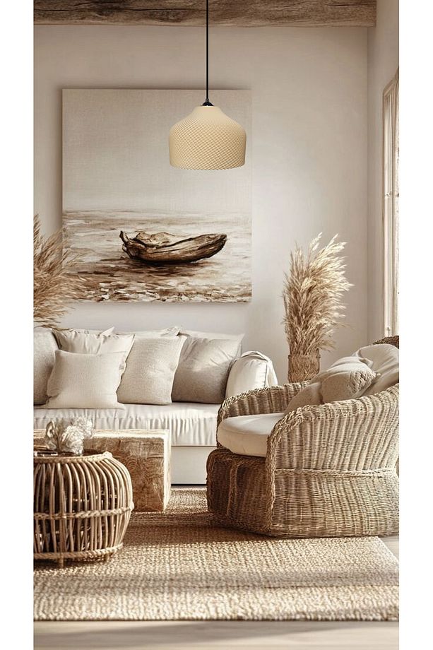Geminy Hasır Renk Rattan Görünümlü Avize, Pinterest Tarzı Tekli Sarkıt Avize (Bioplastik) E27 - 3