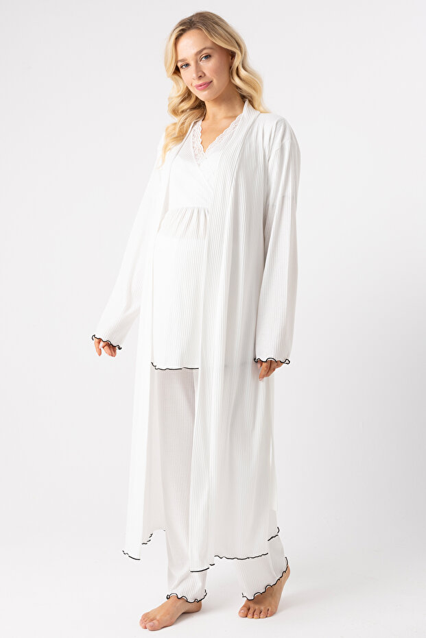 Self-Patterned Long Dress Breastfeeding Detailed 3-Piece Pajama Set