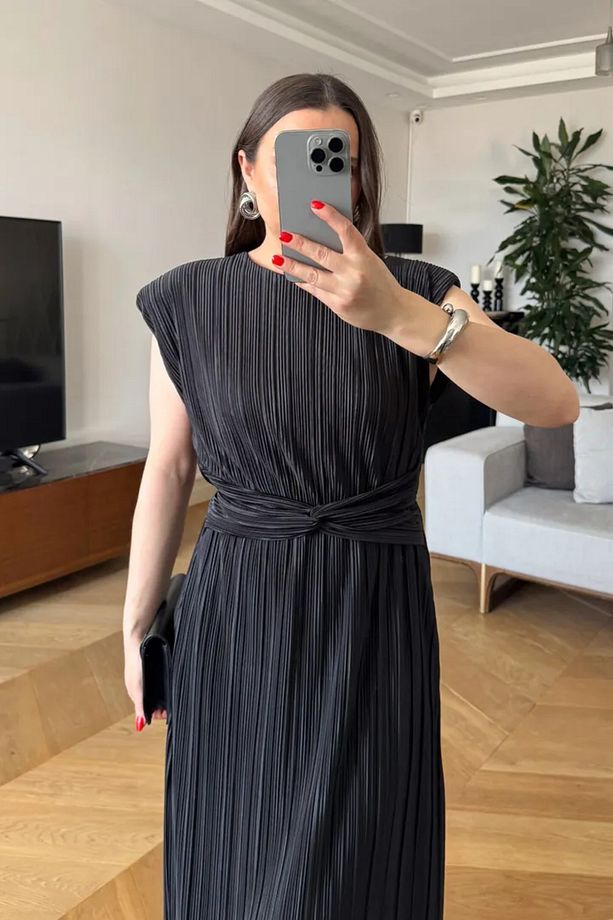 Piliseli Sıfır Kol Midi Elbise - 2