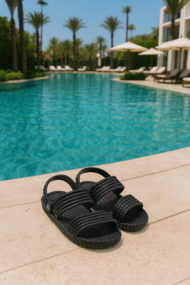 Summer Adjustable Black Straw Look Non-Slip Sole Slippers Balcony Pool Seaside Daily Slippers