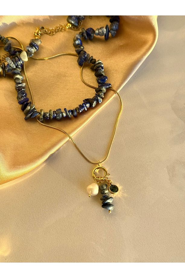 Lapis Lazuli İnci Çelik Charm Kolye - 2