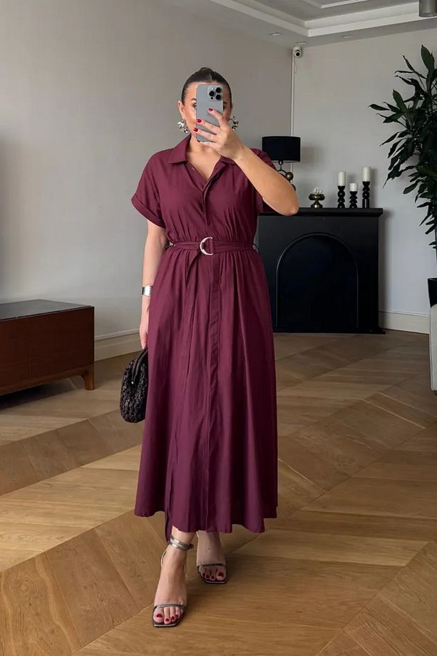 Poplin Midi Gömlek Elbise - 1