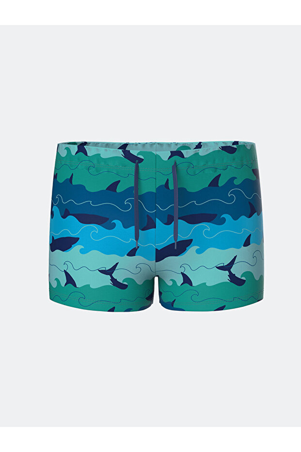 Lcw Eco Turquoise Elastic Waist Printed Boys Boxer Swimsuit