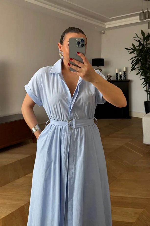 Poplin Midi Gömlek Elbise - 3