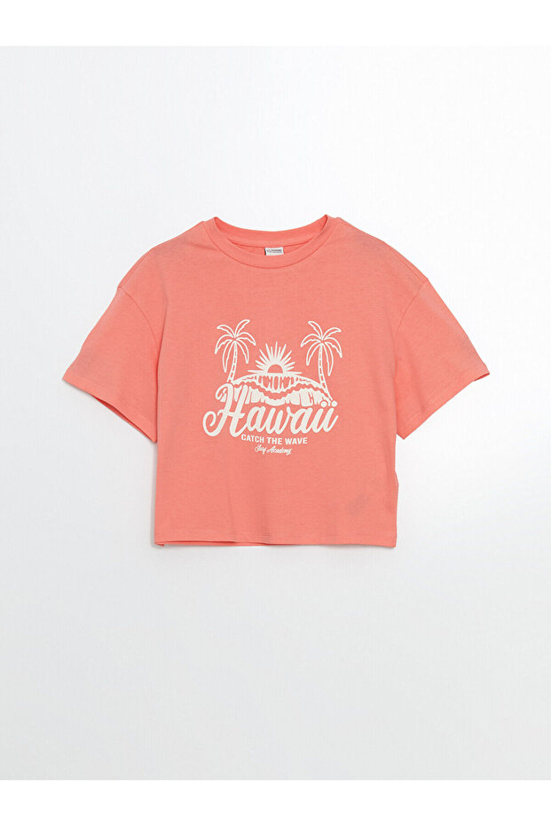 Original Oval Collar Palm Tree Printed Girls' T-Shirt
