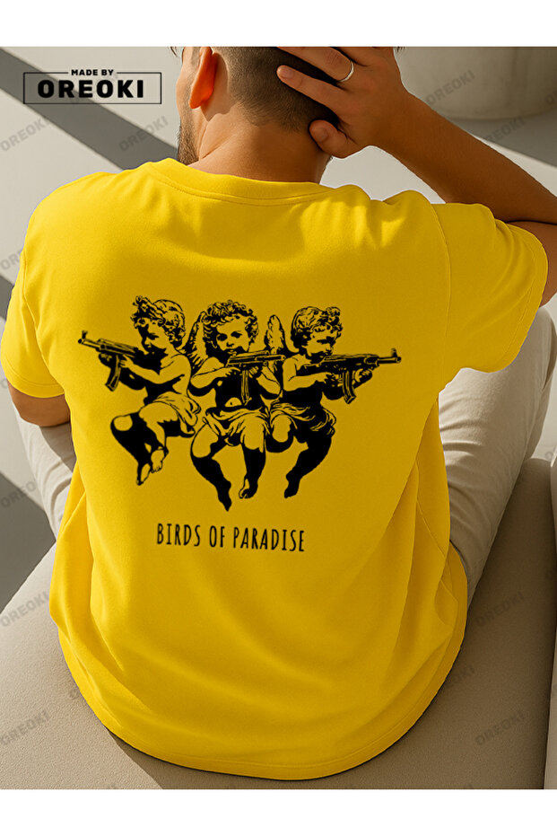 Paradise Birds Printed Cotton Fabric Men's Yellow T-Shirt