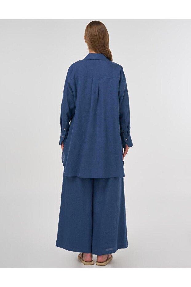 %100 Keten Hotfix Baskılı Tunik İndigo - 5