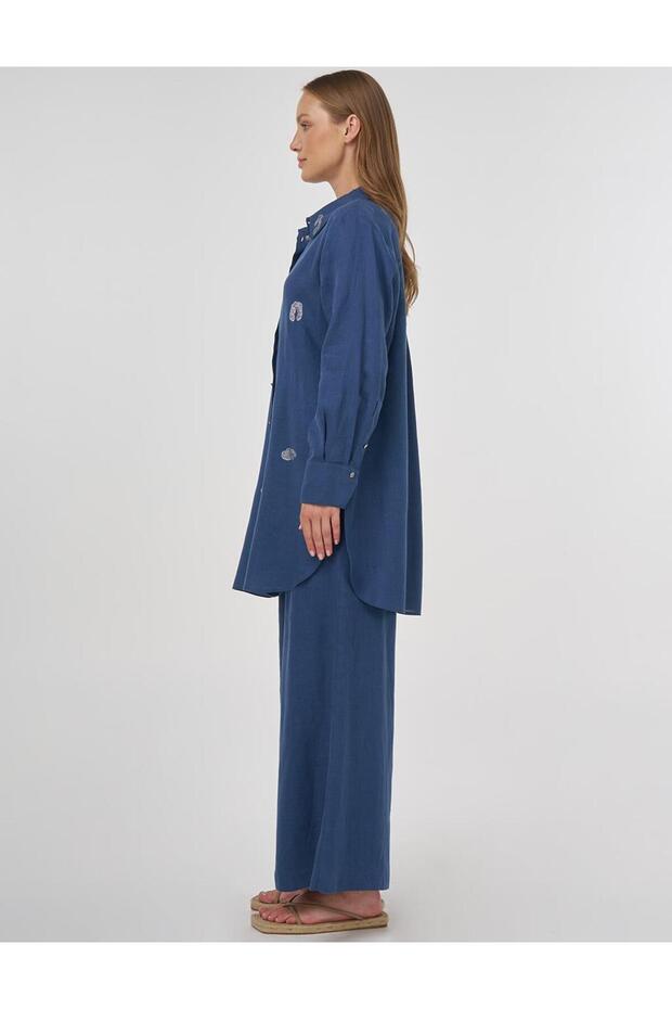 %100 Keten Hotfix Baskılı Tunik İndigo - 3