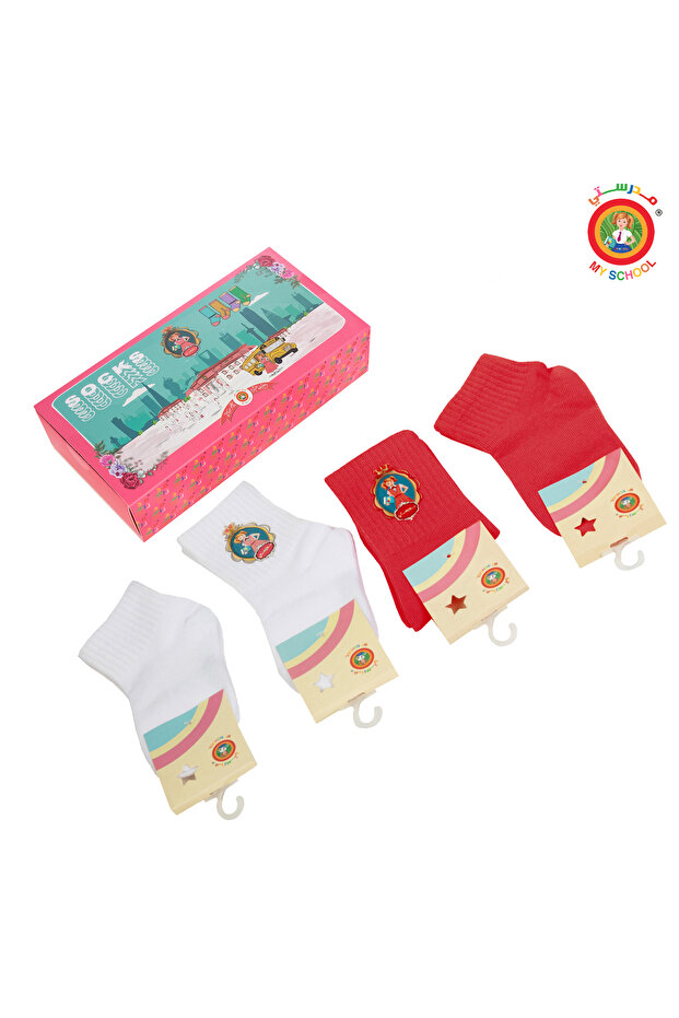 My school socks box, white and red, 4 pieces