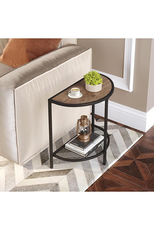 طاولة جانبية نصف دائرية حديثة وبسيطة لغرفة النوم، طاولة جانبية فاخرة مزودة بإضاءة تخزين مزدوجة الطبقات - 1