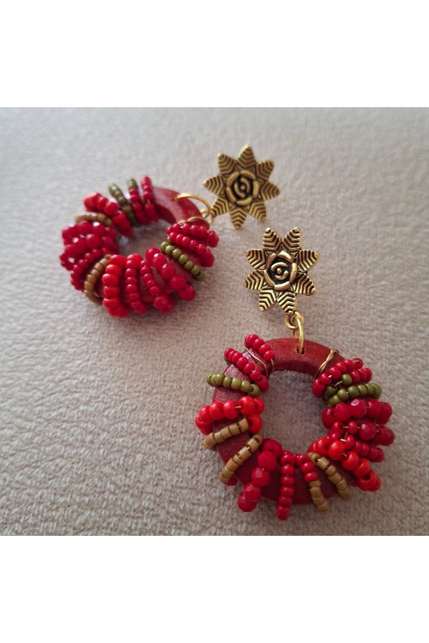Handmade ,Authentic Ethnic Bohemian Wood with Bead Wrapping Short Women's Earrings