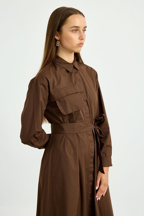 Kahverengi Poplin Trenç Elbise - 5