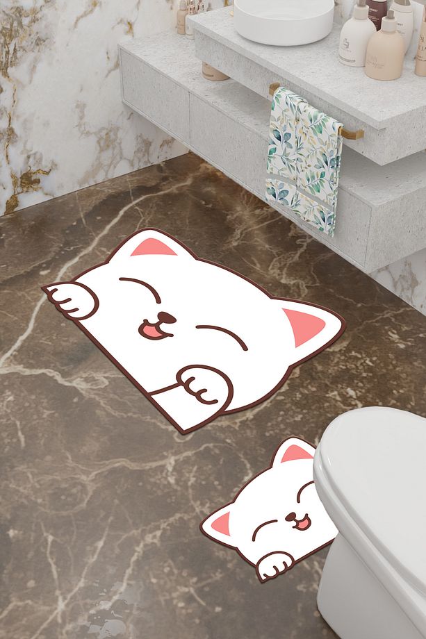 Tatlış Kedi Desenli Eko Banyo Paspası, Kaymaz Taban, Makinada Yıkanabilir, Dijital Baskı 2'li Set - 3
