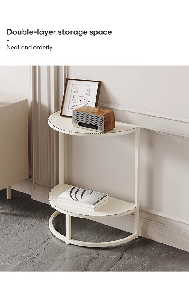 طاولة جانبية نصف دائرية حديثة وبسيطة لغرفة النوم، طاولة جانبية فاخرة مزودة بإضاءة تخزين مزدوجة الطبقات - 5