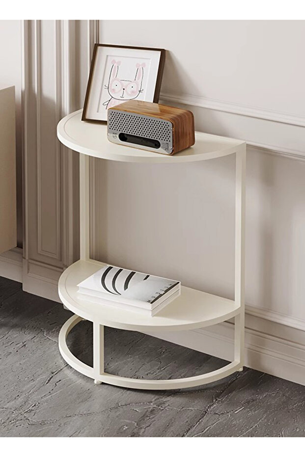 طاولة جانبية نصف دائرية حديثة وبسيطة لغرفة النوم، طاولة جانبية فاخرة مزودة بإضاءة تخزين مزدوجة الطبقات - 1