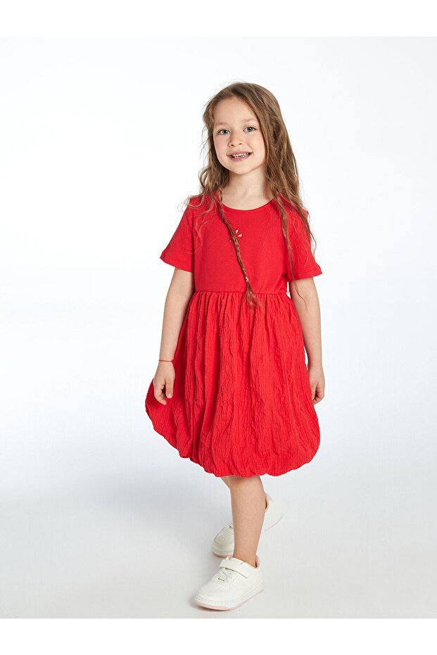 Baby Red Embroidered Crinkle Drawstring Girl's Dress
