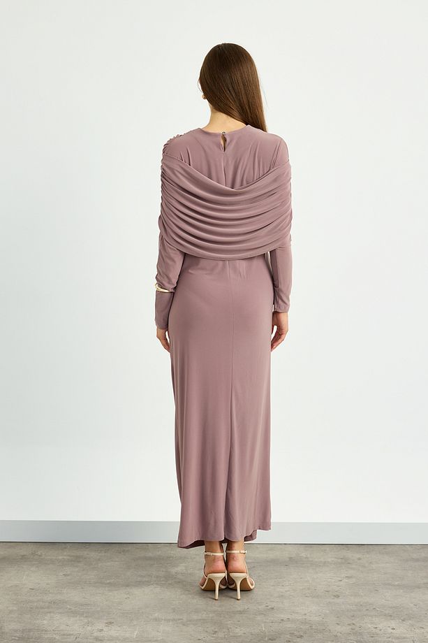 Gül Kurusu Omuz Detaylı Drape Elbise - 8