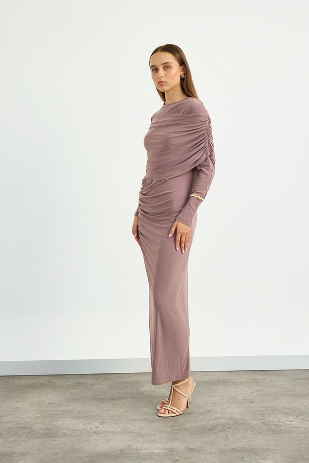 Gül Kurusu Omuz Detaylı Drape Elbise - 5