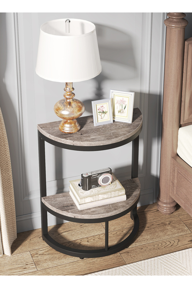 2-Tier End Table Semi Circle, Small Half Round Side Table with Storage Shelf - 2