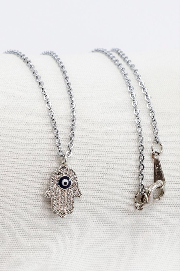 Silver Colored Shiny Stone Evil Eye Hamse Lacquer Coated Bijoux Necklace (Chain 45 cm)