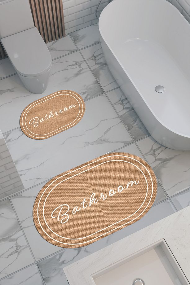 Hasır Desenli Eko Banyo Paspası, Kaymaz Taban, Makinada Yıkanabilir, Dijital Baskı 2'li Set - 1