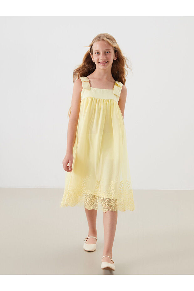Nevavm Square Collar Girl's Dress with Difference