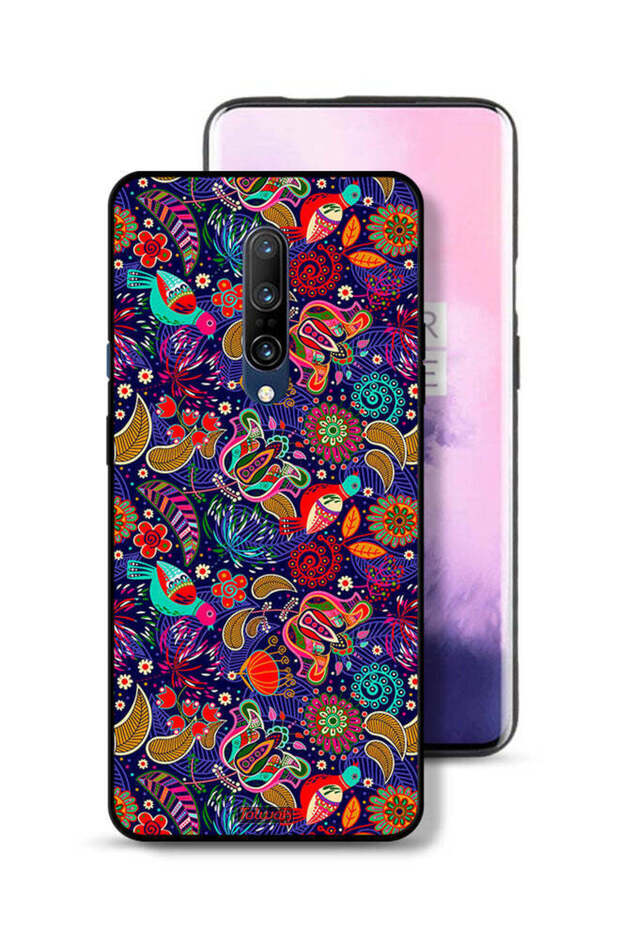 غطاء حماية لهاتف OnePlus 7 Pro بنمط أوراق طيور وزهور ملونة