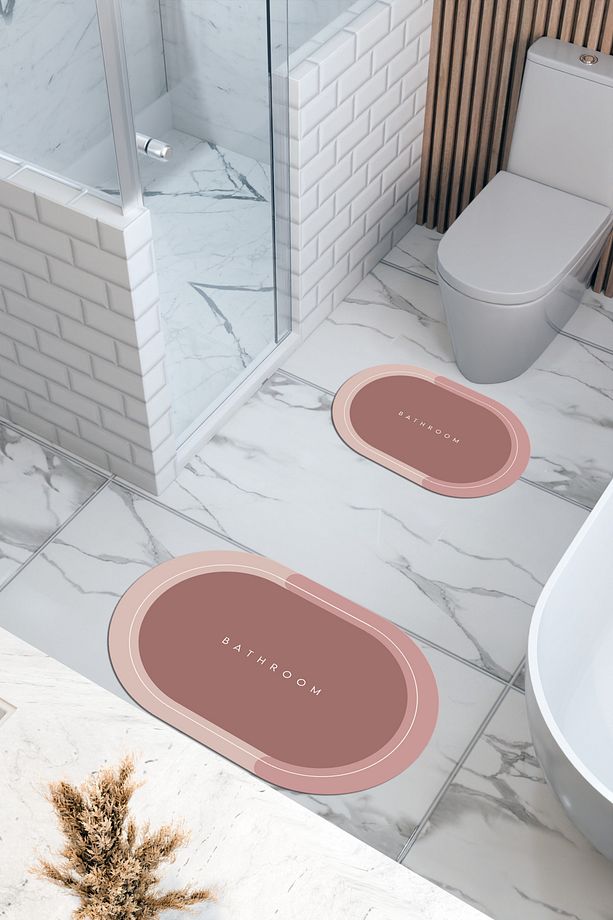 Bathroom Desenli Eko Banyo Paspası, Kaymaz Taban, Makinada Yıkanabilir, Dijital Baskı 2'li Set - 2