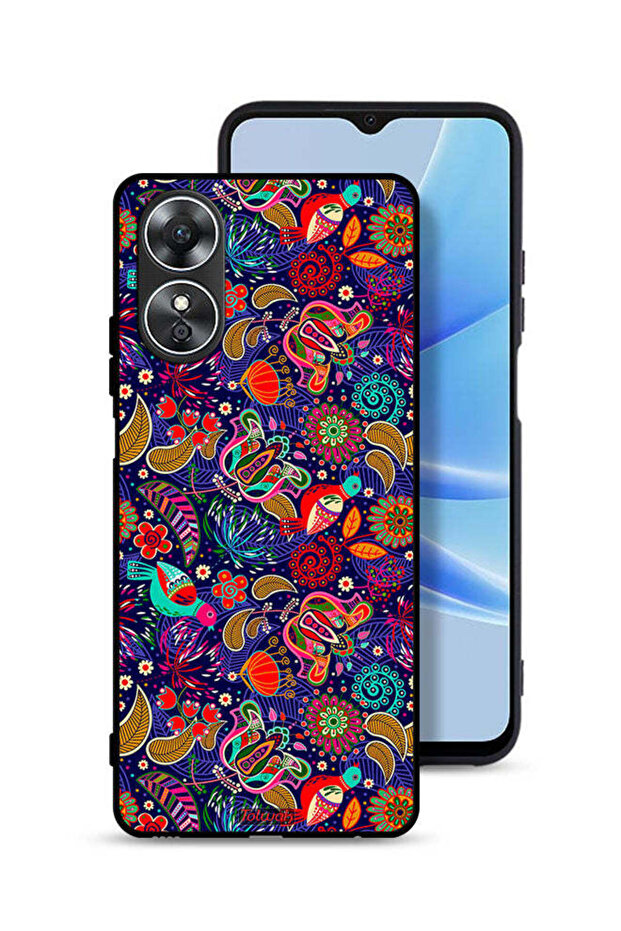غطاء حماية لهاتف Oppo A17 بنقشة أوراق طيور وزهور ملونة