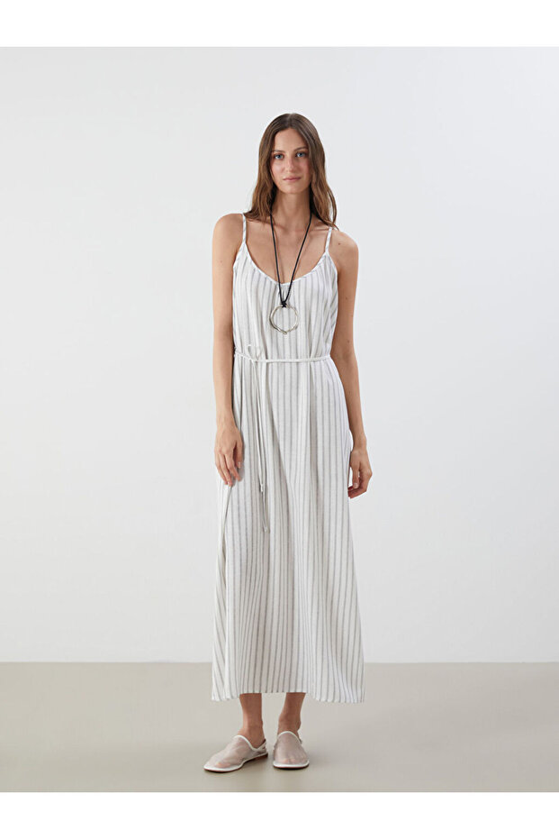 Lcwaikiki classic white v-neck striped strap dress