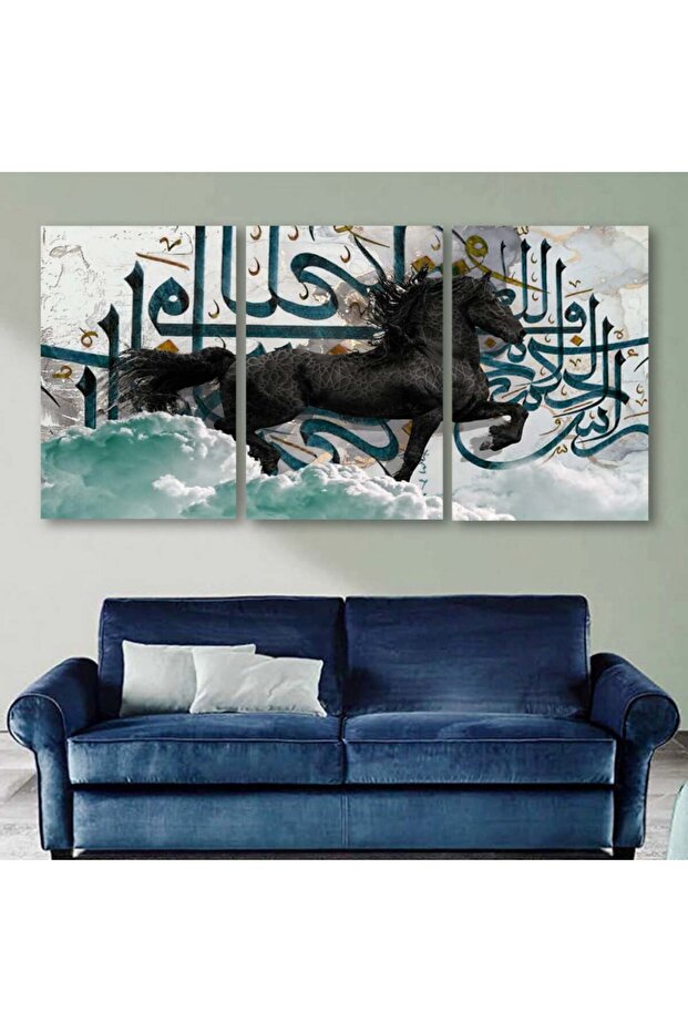 ثلاث لوحات قماشية مودرن بتصميم حصان مع برواز فضي مجوف