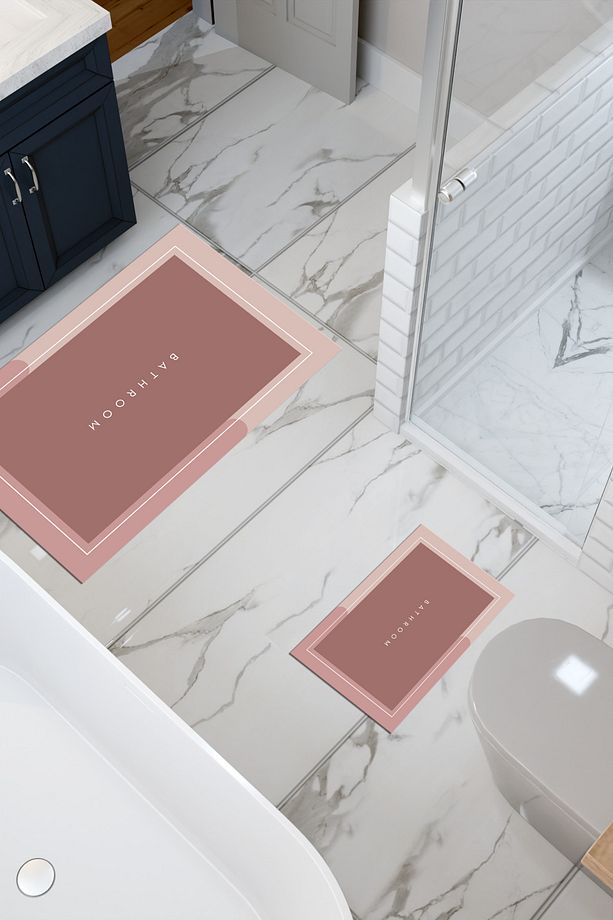 Bathroom Desenli Eko Banyo Paspası, Kaymaz Taban, Makinada Yıkanabilir, Dijital Baskı 2'li Set - 3