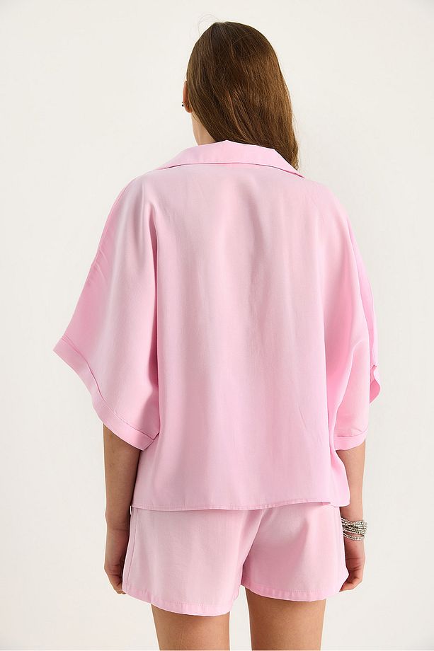 Kadın Yarasa Kol Oversize Gömlek Hasır Kemerli Şort Modal Takım 4010 60283476 - 8