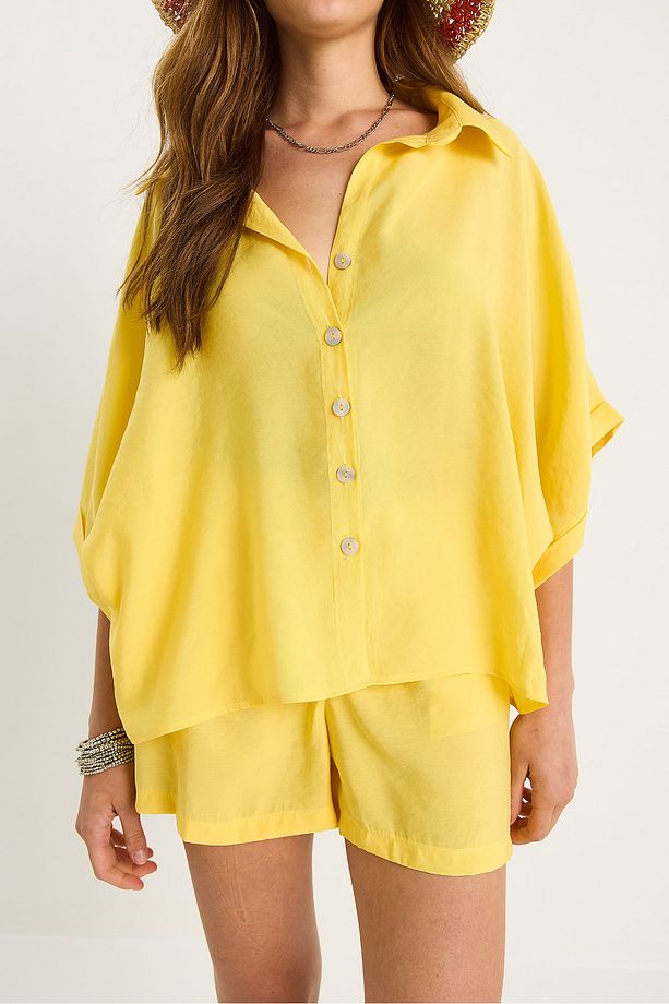 Kadın Yarasa Kol Oversize Gömlek Hasır Kemerli Şort Modal Takım 4010 60283476 - 7