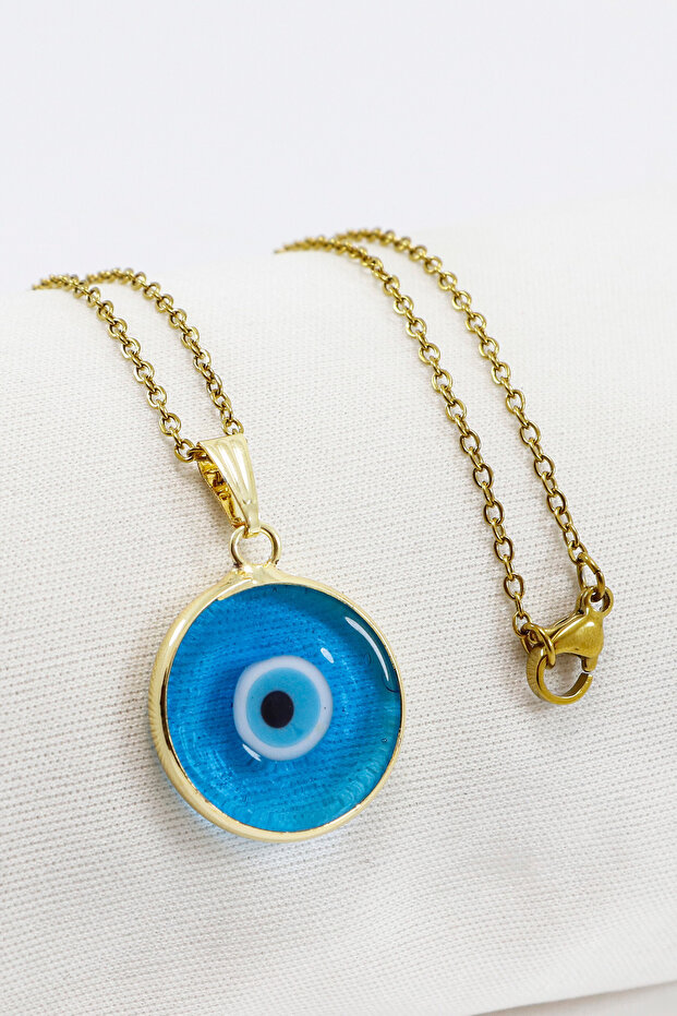 Handmade Framed Glass Evil Eye Beaded Steel Chain Necklace (Chain 60 cm)