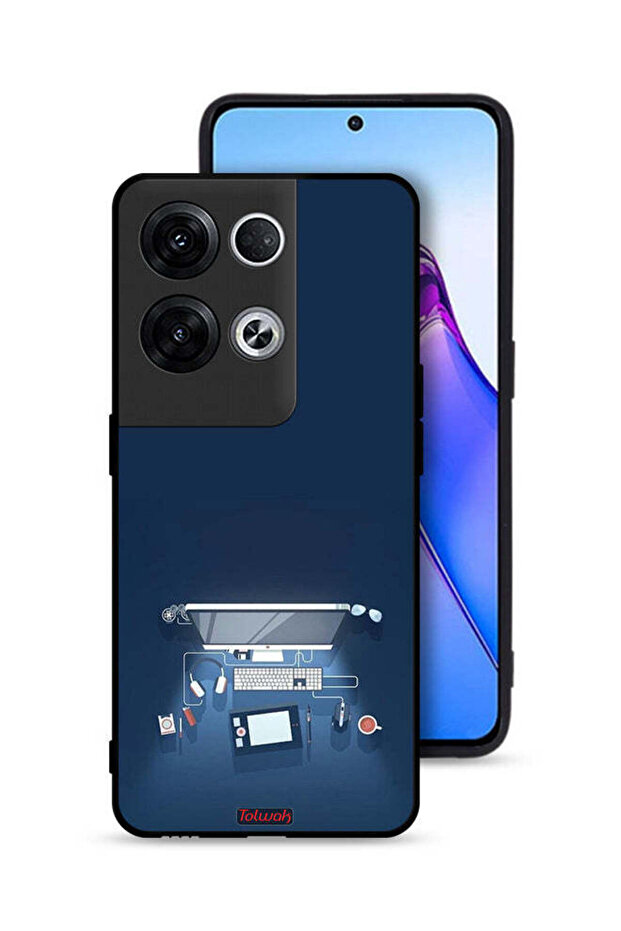 غطاء حماية لهاتف Oppo Reno8 Pro Plus 5G بتصميم فني على مكتب الكمبيوتر