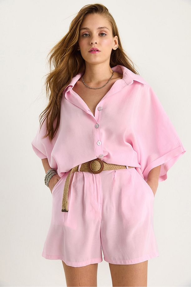 Kadın Yarasa Kol Oversize Gömlek Hasır Kemerli Şort Modal Takım 4010 60283476 - 5