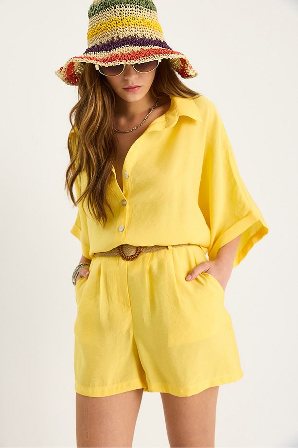 Kadın Yarasa Kol Oversize Gömlek Hasır Kemerli Şort Modal Takım 4010 60283476 - 5