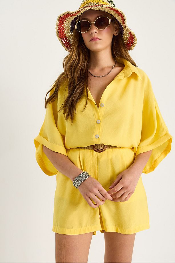 Kadın Yarasa Kol Oversize Gömlek Hasır Kemerli Şort Modal Takım 4010 60283476 - 4