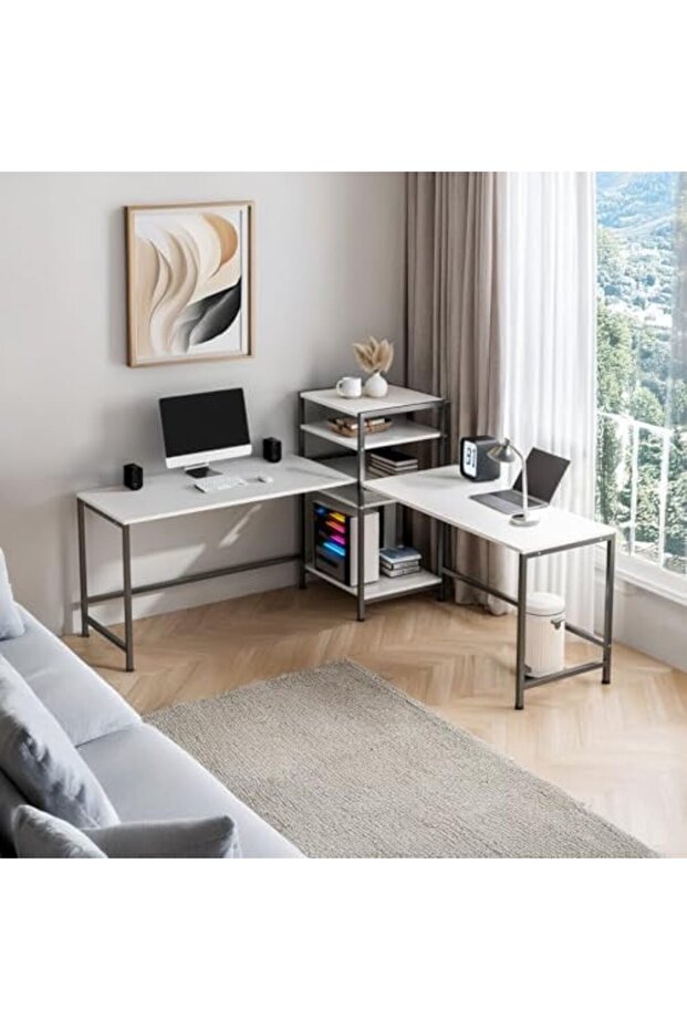 Computer Desk Gaming Desk, 3 Way Adjustable Design, Fits 2 Persons, with Bookshelf, Printer, for Hom - 2