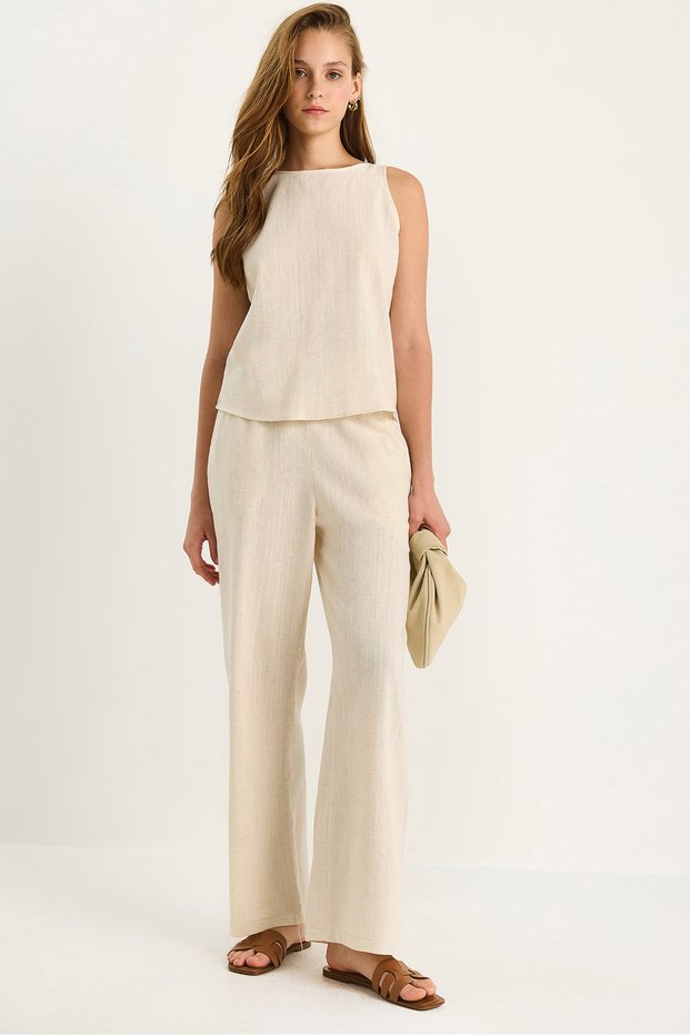 Women's Cream Linen Blouse Trousers Set 3392 60283483
