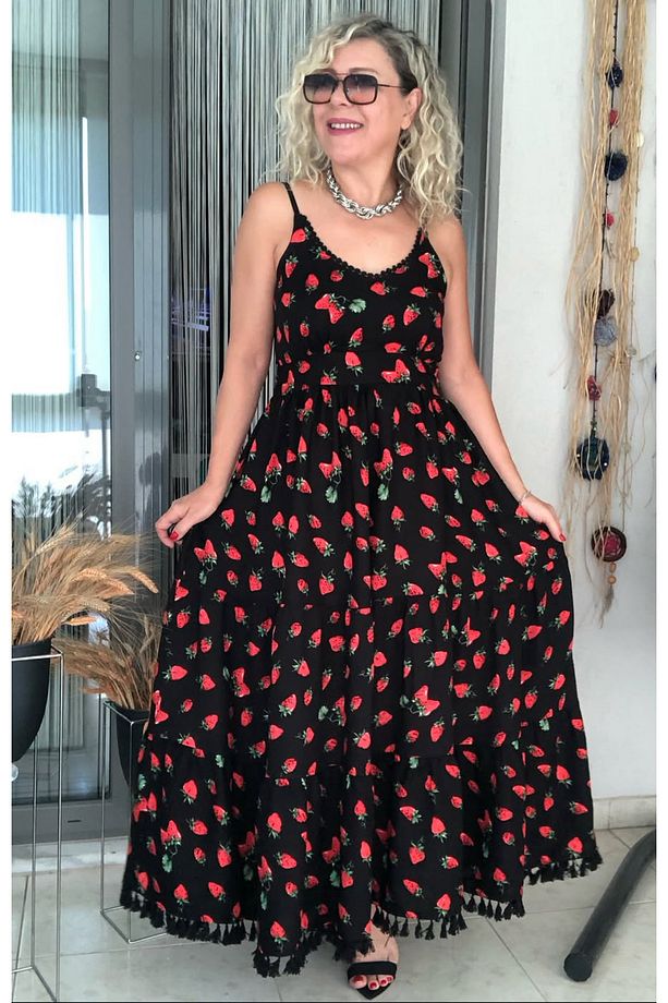 Çilek Desen Püsküllü Dokuma Elbise - 4