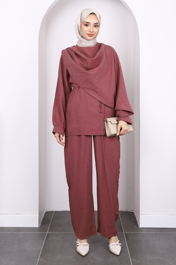 Dusty Rose Shawl Detailed Tunic Trousers Suit