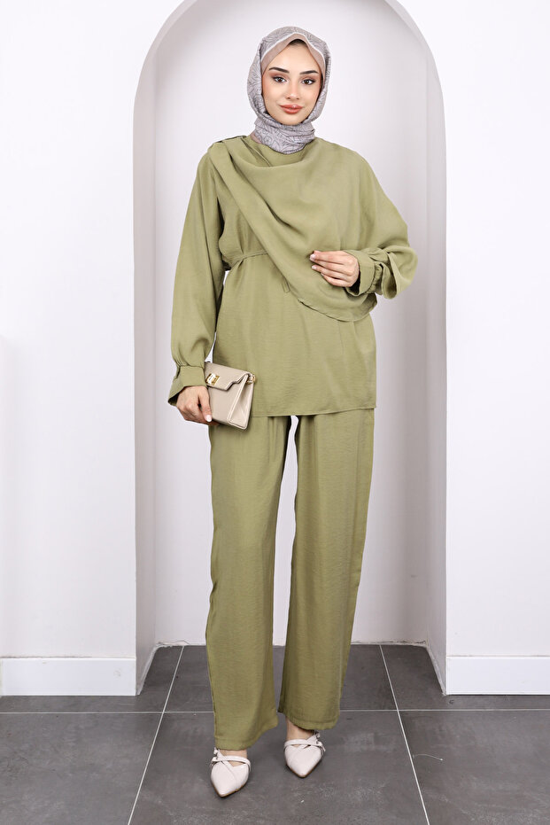 Khaki Shawl Detailed Tunic Trouser Suit