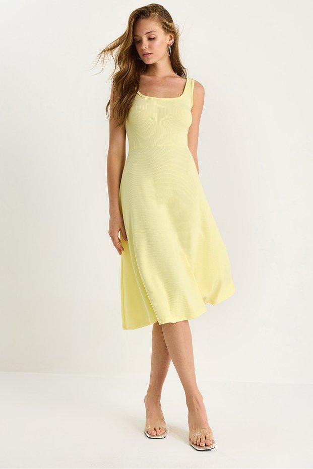 Women's Yellow U-Neck Strappy Ribbed Flared Dress 477 60283393